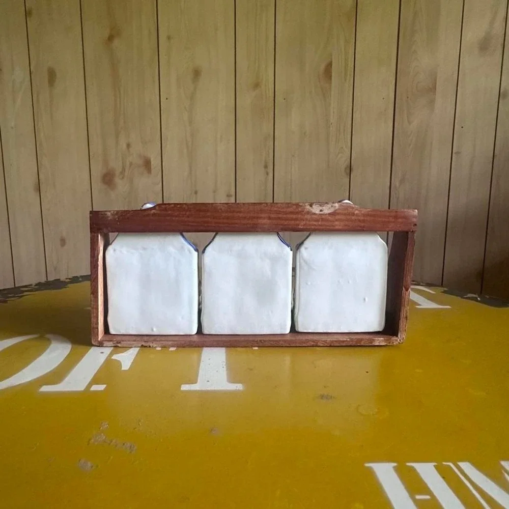 Vintage Ceramic Sunflower‎ Canister Set With Wooden Tray Coffee Tea Sugar